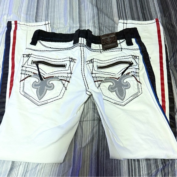 Rock Revival White Jeans with Red, Black and Blue Details - Picture 2 of 2